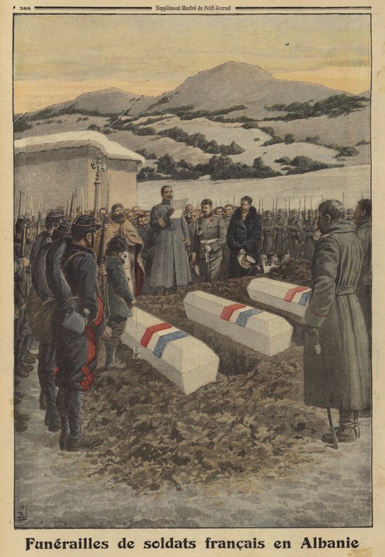 Begravelse av franske soldater som døde i Albania under retretten fra Serbia, første verdenskrig av Louis Charles (after) Bombled