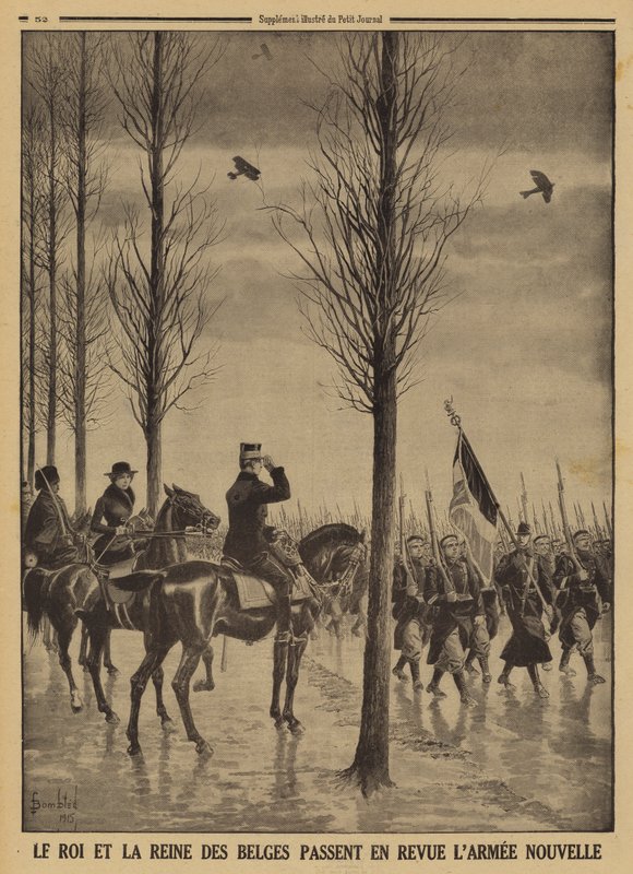 Kong Albert I og dronning Elisabeth av belgierne gjennomgår sin nye hær, første verdenskrig av Louis Charles (after) Bombled