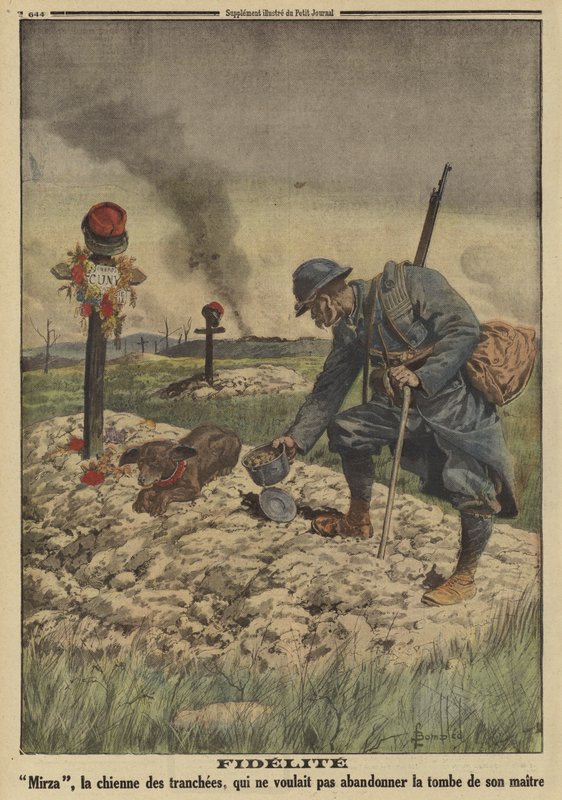 Lojalitet: Fransk hærhund som nekter å forlate graven til sin døde herre, første verdenskrig av Louis Charles (after) Bombled