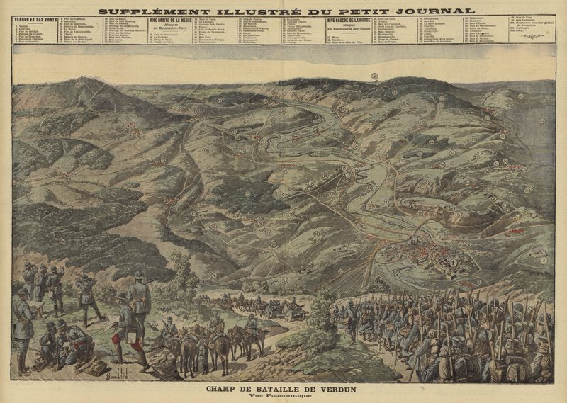 Panoramautsikt over slagmarken i Verdun, Frankrike, første verdenskrig av Louis Charles (after) Bombled