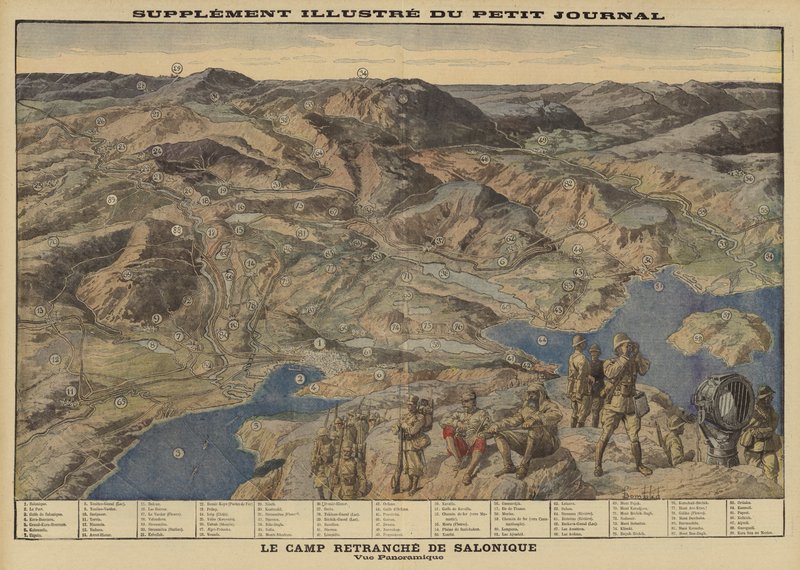 Panoramautsikt over det forankrede allierte leirleiret ved Salonika, Hellas, første verdenskrig av Louis Charles (after) Bombled