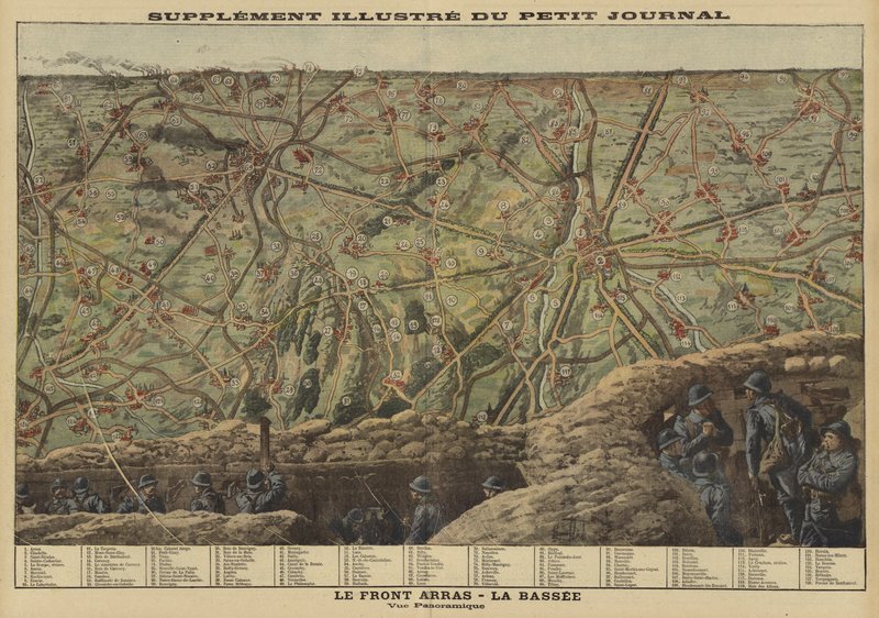 Panoramautsikt over sektoren av vestfronten mellom Arras og La Bassee, Frankrike, første verdenskrig av Louis Charles (after) Bombled