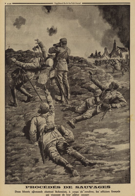To sårede tyske soldater skjøt franske offiserer som hadde hjulpet dem til ly i ryggen, første verdenskrig av Louis Charles (after) Bombled