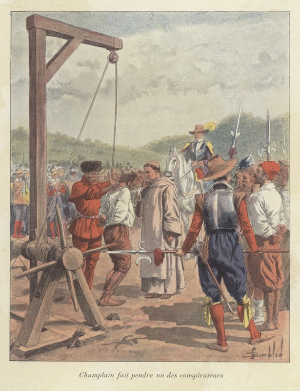 Samuel de Champlain henger en konspirator, Canada, 1600-tallet av Louis Charles Bombled