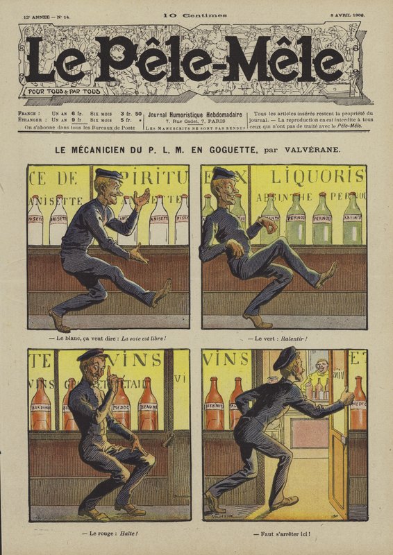 P.L.M.-mekanikeren på flukt. Illustrasjon for Le Pele-Mele, 1906 av Louis Denis Valverane
