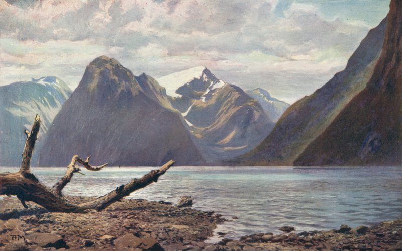 Scene på Milford Sound, New Zealand (fargebilde) av Louis Fairfax Muckley