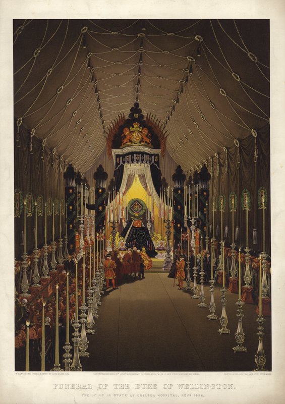 Begravelse av The Duke of Wellington, den liggende i staten ved Chelsea Hospital, november 1852 av Louis Haghe