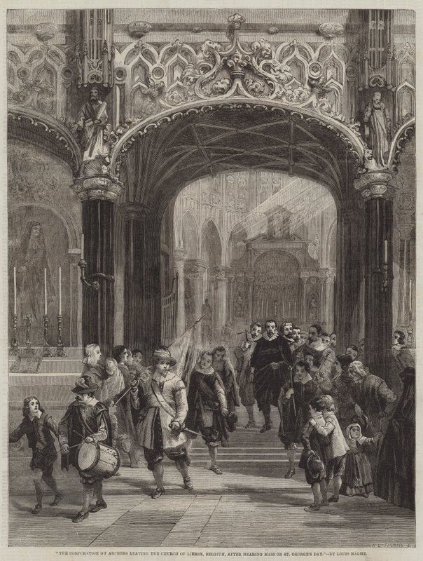 The Corporation of Archers forlater Church of Lierre, Belgia, etter å ha hørt messe på St George