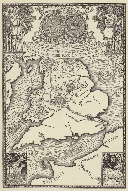 Et kart for å vise situasjonen til Royal Hunting Forests der Robin Hood bodde, AD 1160-1247 av Louis John Rhead