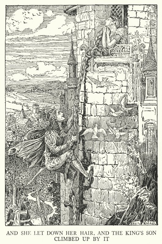 Og hun la ned håret, og kongens sønn klatret opp ved det (litho) av Louis John Rhead