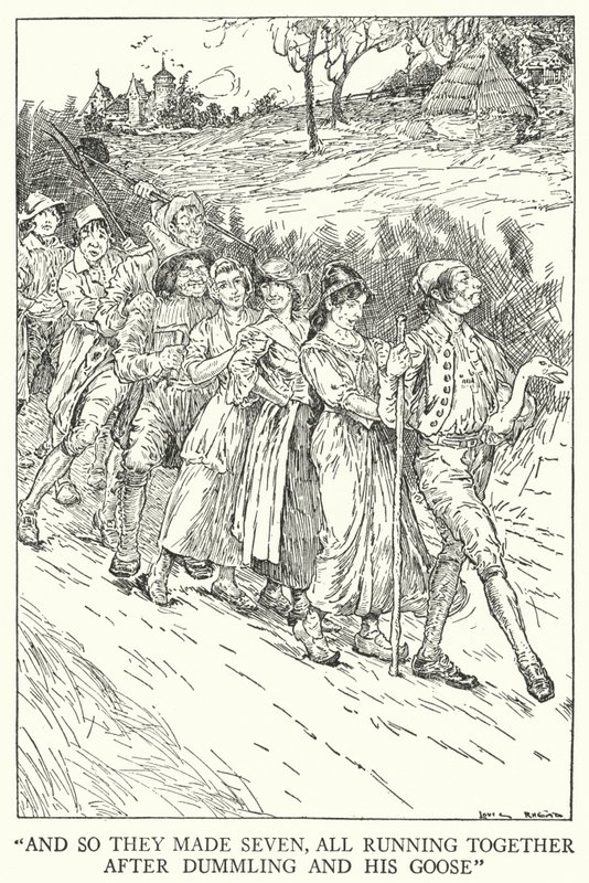"Og så de laget syv, alle sammen etter Dummling og gåsen hans" (litho) av Louis John Rhead