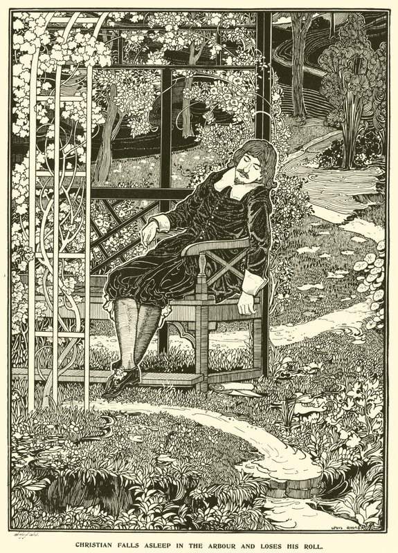 Christian sovner i arbor og mister rullen sin (gravering) av Louis John Rhead