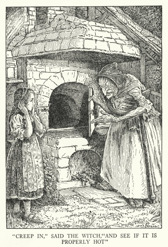 "Smyg inn," sa heksa, "og se om det er skikkelig varmt" (litho) av Louis John Rhead