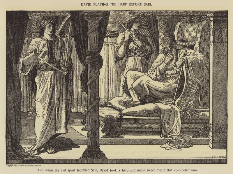 David spiller harpe foran Saul av Louis John Rhead