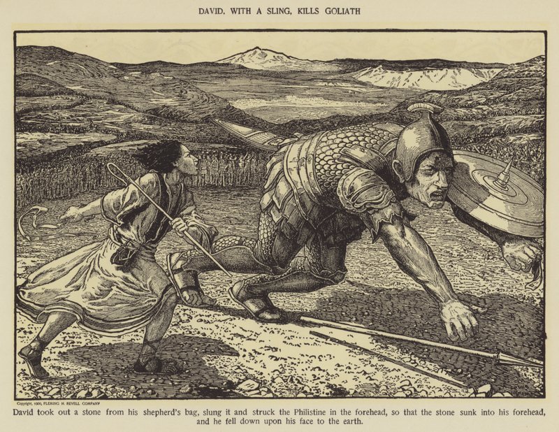 David dreper Goliat med en slynge av Louis John Rhead