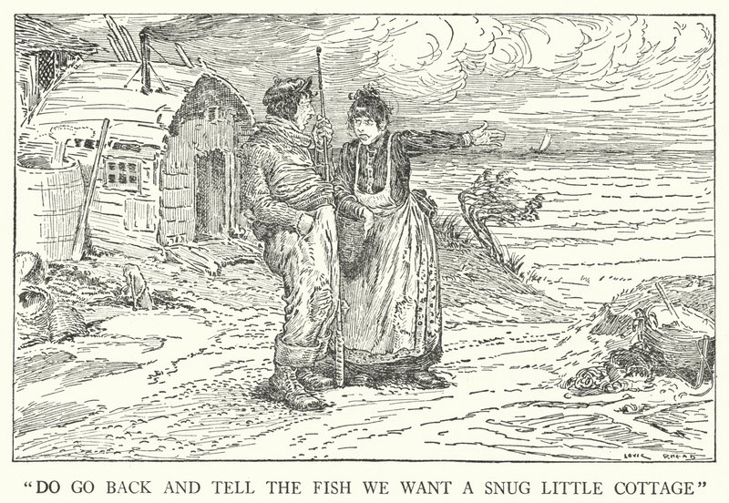 "Gå tilbake og fortell fisken at vi vil ha en koselig liten hytte" (litho) av Louis John Rhead