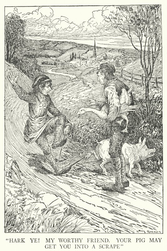 "Hør! Min verdige venn, grisen din kan få deg til å skrape" (litho) av Louis John Rhead