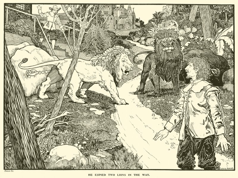Han sprang to løver i veien (gravering) av Louis John Rhead