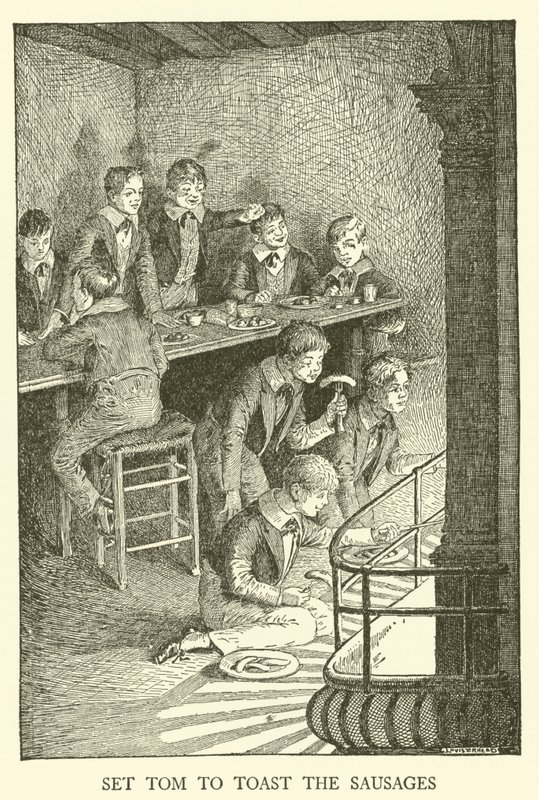 Illustrasjon for Tom Browns skoledager (gravering) av Louis John Rhead