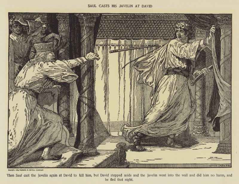 Saul kaster spydet mot David av Louis John Rhead