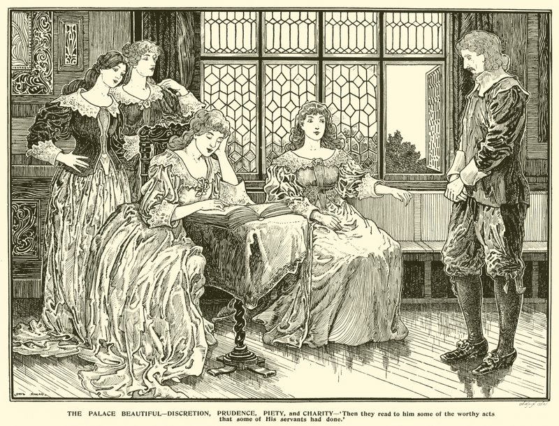 Palasset vakkert, diskresjon, klokskap, fromhet og veldedighet (gravering) av Louis John Rhead