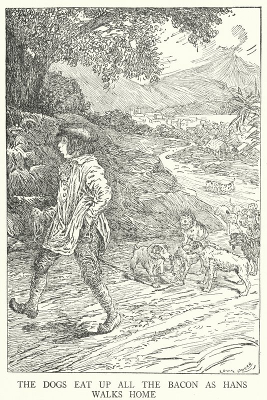 Hundene spiser opp alt baconet mens Hans går hjem (litho) av Louis John Rhead