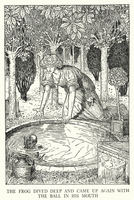 Frosken dykket dypt og kom opp igjen med ballen i munnen (litho) av Louis John Rhead