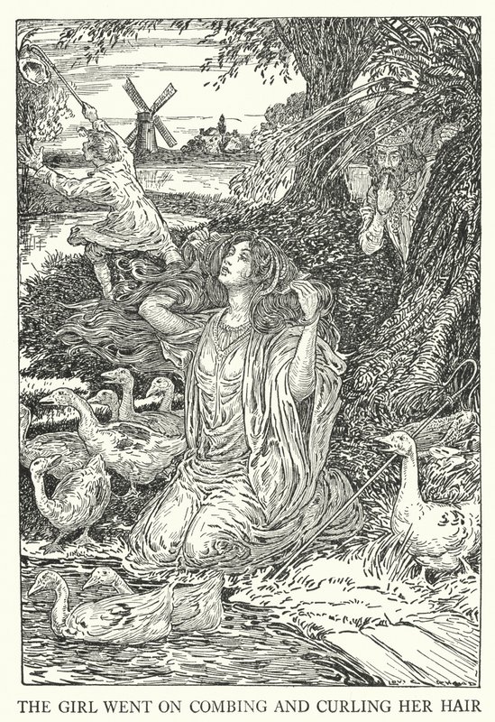 Jenta fortsatte å gre og krølle håret (litho) av Louis John Rhead