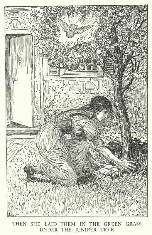 Hun la dem i det grønne gresset under einertreet (litho) av Louis John Rhead