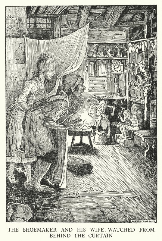 Skomakeren og hans kone så bak forhenget (litho) av Louis John Rhead