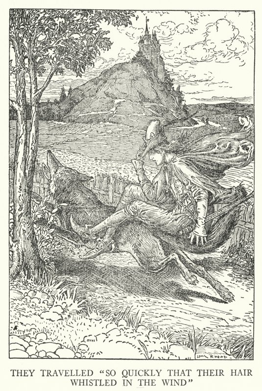 De reiste "så raskt at håret deres plystret i vinden" (litho) av Louis John Rhead
