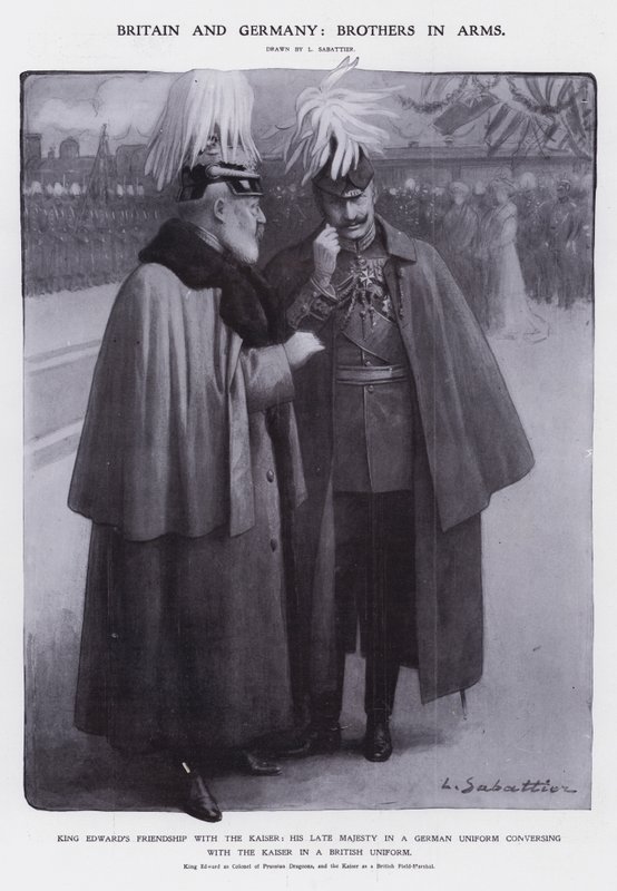 Kong Edward VII kledd som oberst av de prøyssiske dragonene og keiser Wilhelm II kledd som en britisk feltmarskalk (litho) av Louis Remy Sabattier
