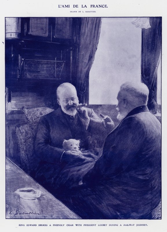 Kong Edward VII på togreise med Frankrikes president Emile Loubet (litho) av Louis Remy Sabattier