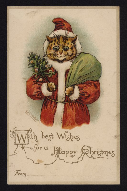 Katt som julenissen, julehilsenskort (chromolitho) av Louis Wain