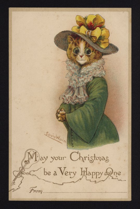 Katt iført en kvinnes hatt og frakk, julehilsenskort (chromolitho) av Louis Wain