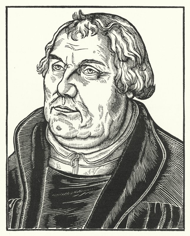 Portrett av den tyske protestantiske reformatoren Martin Luther senere i livet (gravering) av Lucas the Elder (after) Cranach
