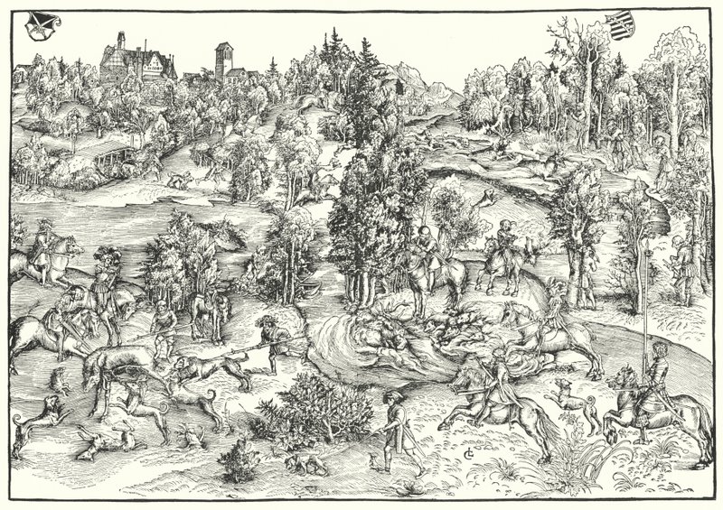 Hjortejakt i en hjortepark eller landskap (gravering) av Lucas the Elder (after) Cranach