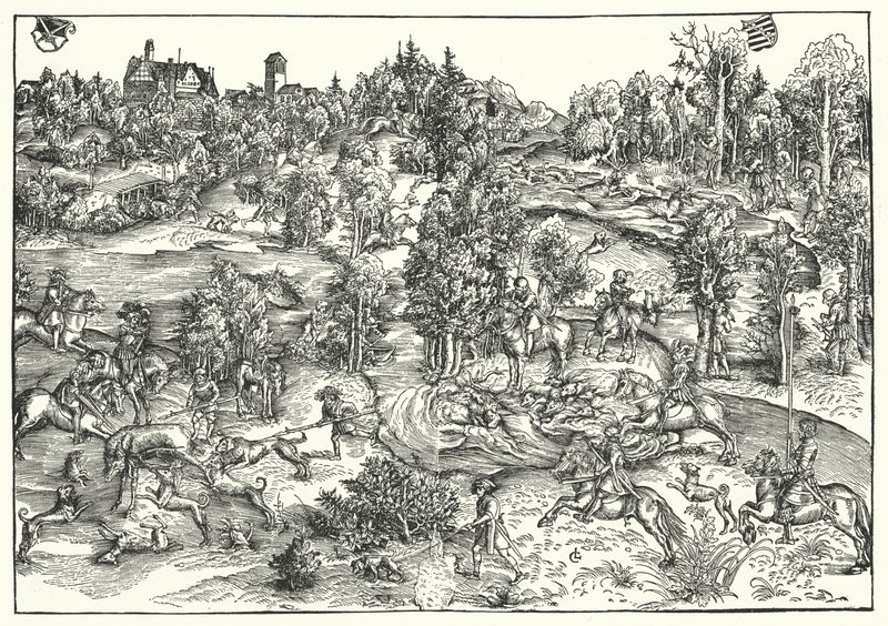 The Stag Hunt (gravering) av Lucas the Elder (after) Cranach