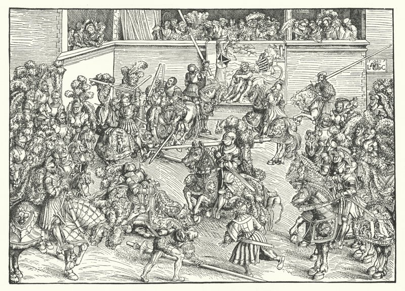 Turneringen med teppet til Samson og løven (gravering) av Lucas the Elder (after) Cranach