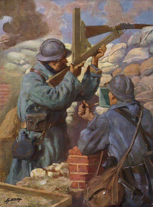 Fransk soldat som bruker en spesialtilpasset snikskytterrifle med periskop i skyttergravene, første verdenskrig av Lucien Hector Jonas