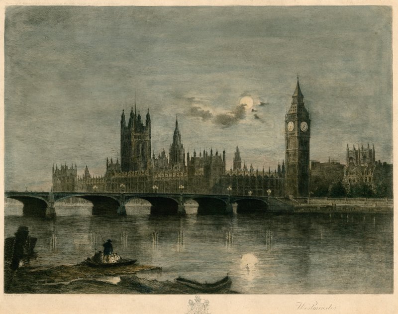 Westminster om natten farget gravering av Lucien Marcelin Gautier