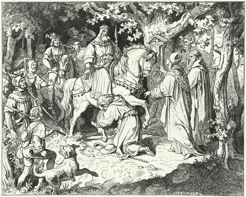 Liudolf, hertugen av Swabia, ber om tilgivelse fra sin far, Otto I av Tyskland, for å ha gjort opprør mot ham, 954 av Ludwig Adrian Richter