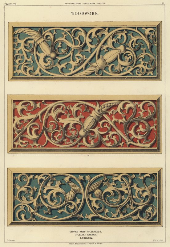 Utskåret treverk på benker i Mariakirken, Lubeck, Tyskland (farge litho) av Ludwig Gruner