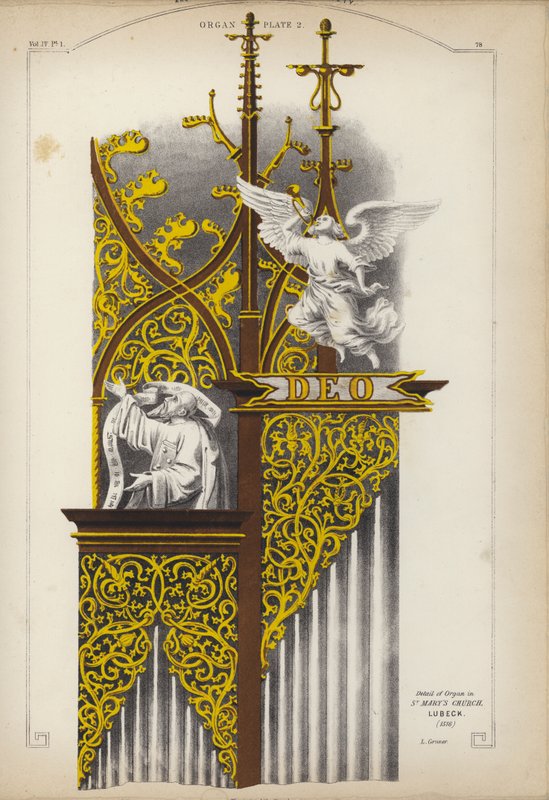 Detalj av orgelet i Mariakirken, Lubeck, Tyskland (farge litho) av Ludwig Gruner