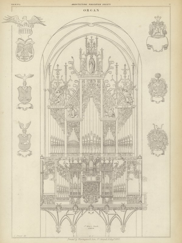 Orgel fra St Mary-kirken, Lubeck, Tyskland (gravering) av Ludwig Gruner