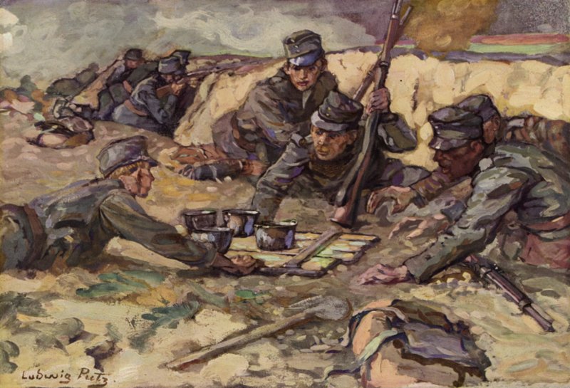 Forfriskning fra feltkjøkkenet under kamp i skyttergravene (farge litho) av Ludwig Putz