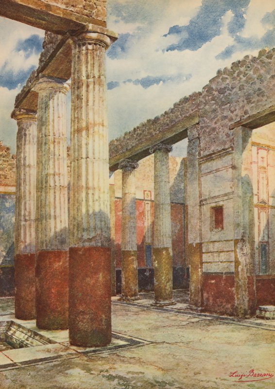 Pompeii: Patricianerhuset, søyleatrium (fargelitografi) av Luigi Bazzani