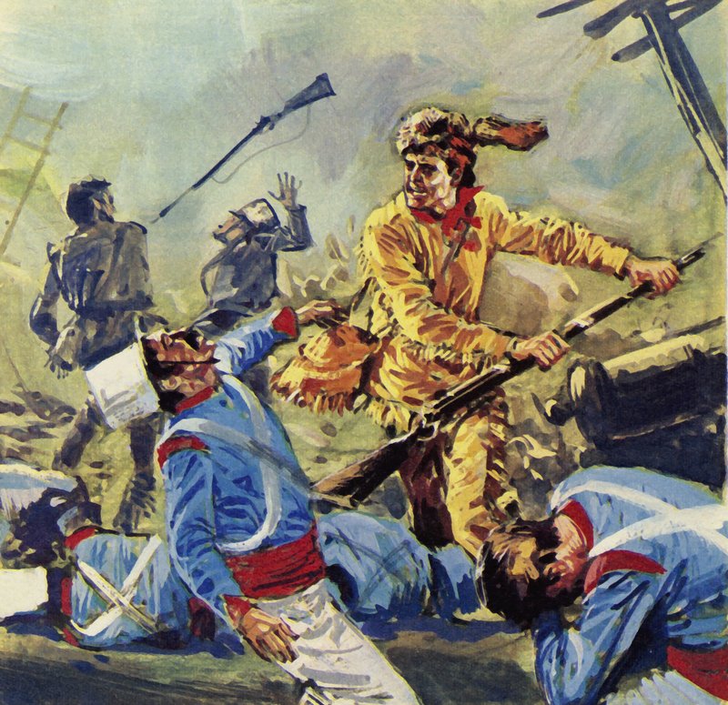Davy Crockett falt til slutt for de ustanselige meksikanske angrepene (fargelitografi) av Luis Arcas Brauner