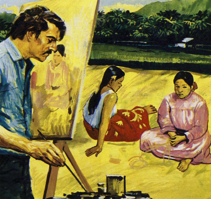 Gauguin malte innfødte jenter på Tahiti (fargelitografi) av Luis Arcas Brauner