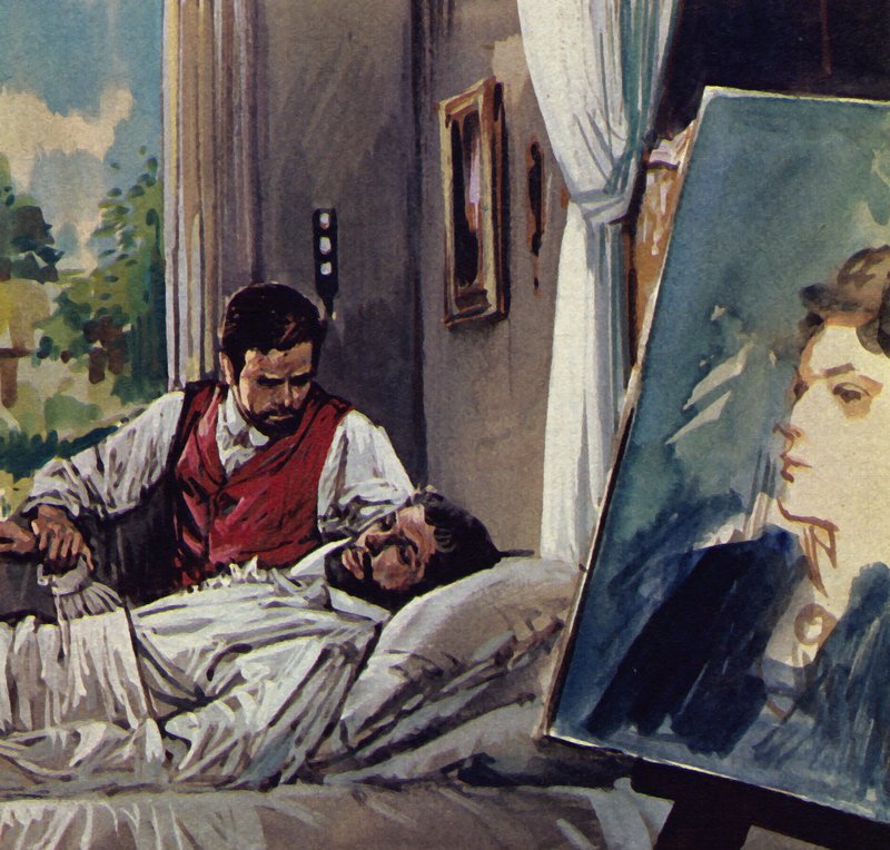 Manet døde i armene til vennen Chabrier (fargelitografi) av Luis Arcas Brauner